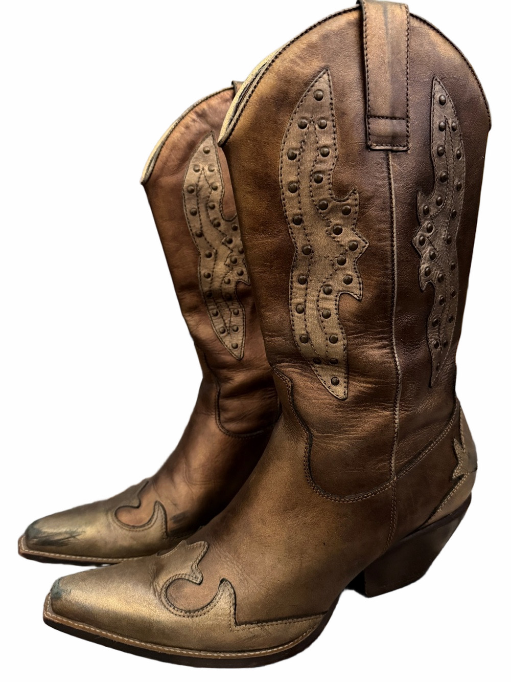BCBGirls Y2K Western Cowboy Boots Women’s 7.5 Metallic Bronze Gold Studded